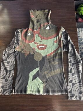 Custo Barcelona Graphic Turtleneck Top - Green, Brown & Red